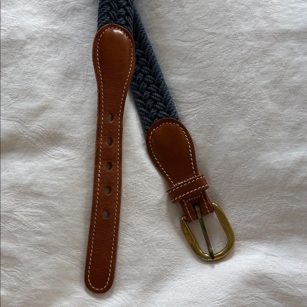 Brooks Brothers Solid Brass Belt Braided Navy Knit Brown Leather Trim 42